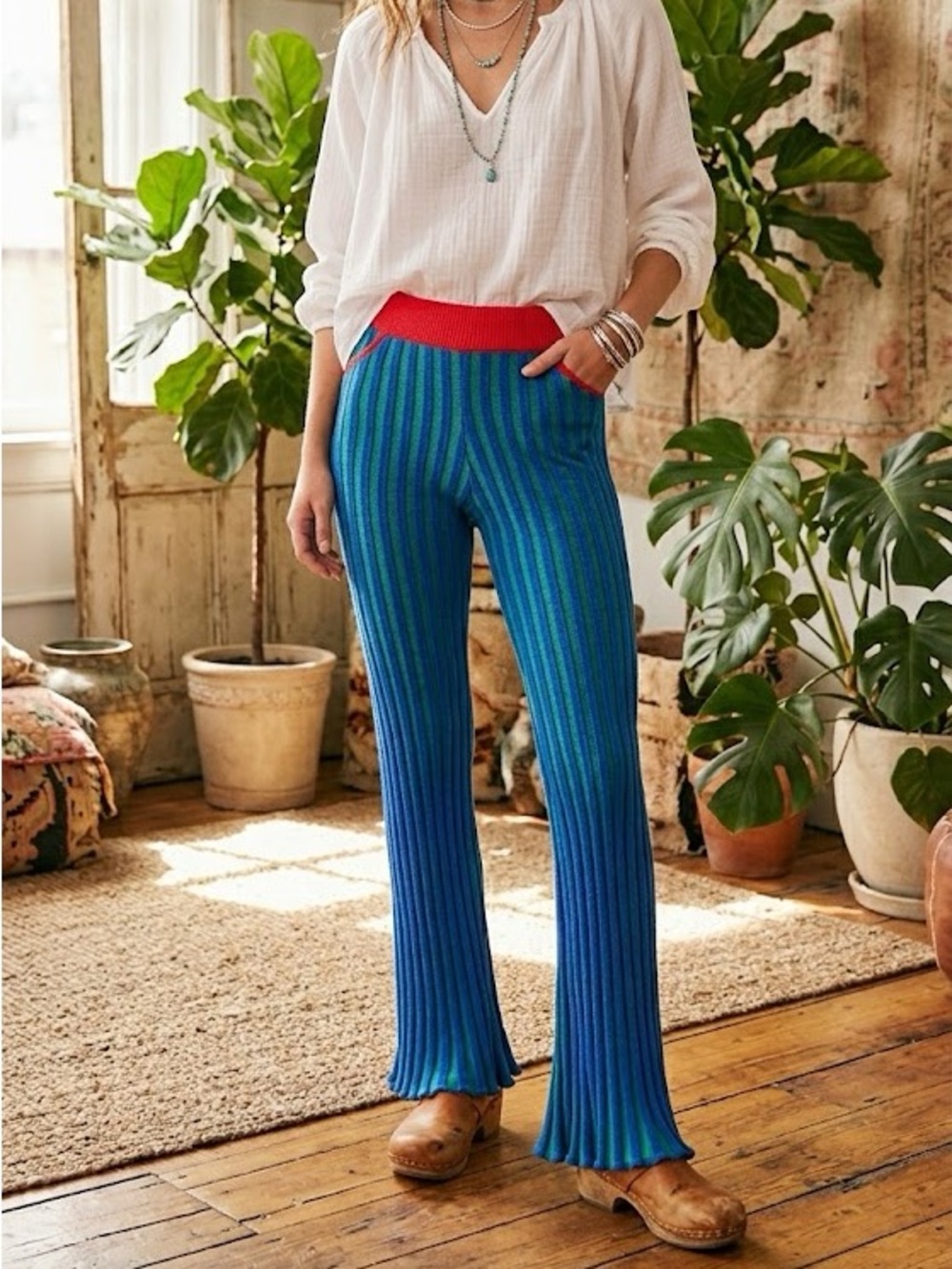 NWT Celmo x Free People Ruta Colorblock Knit Flared Artsy Boho Pants Extra Small